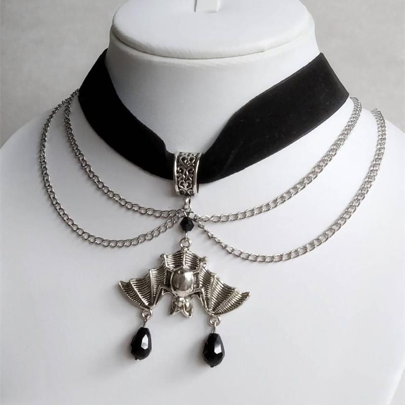 Gothic Enchantment: Crimson Velvet Choker With Midnight Bat Pendant