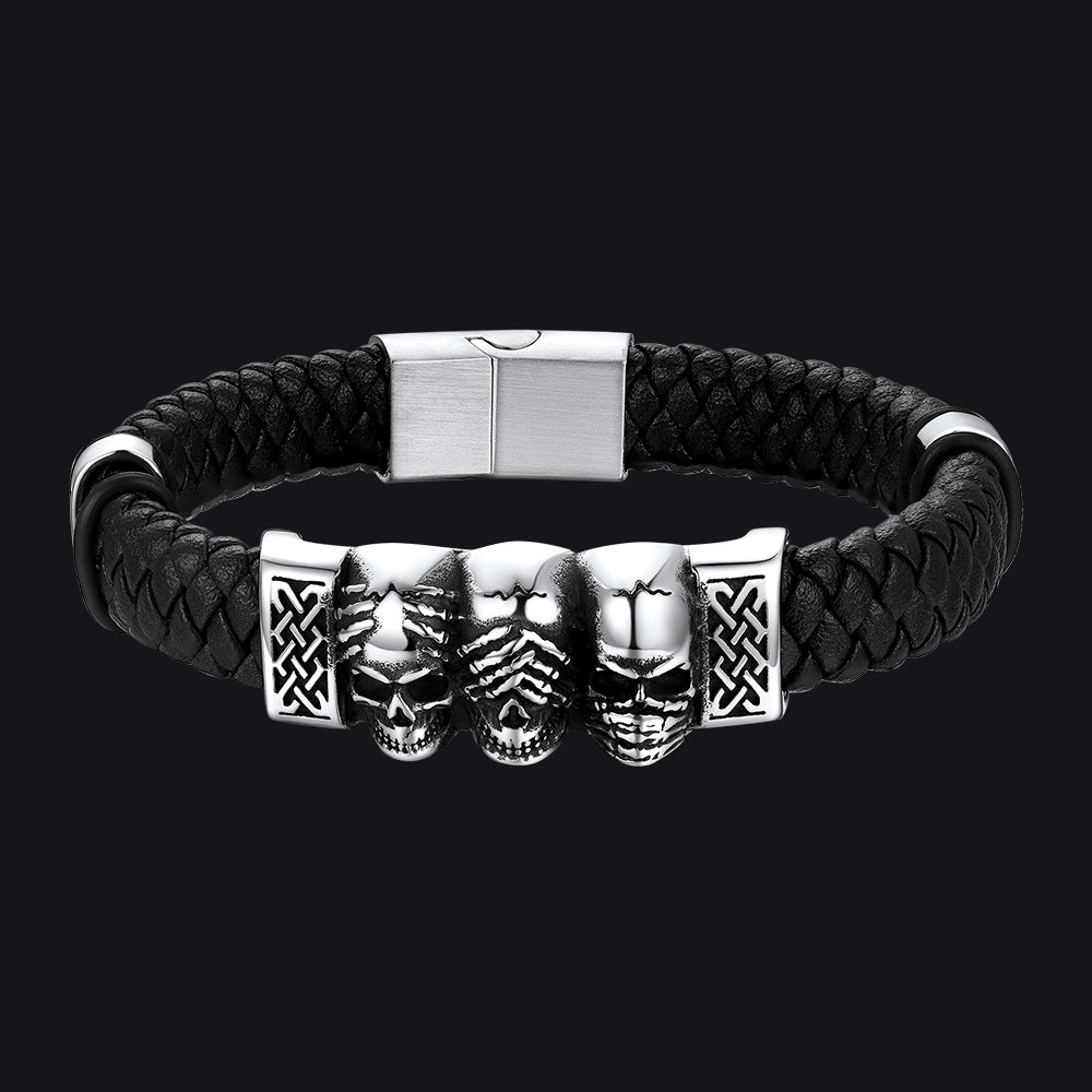 Gothic 3 Skull Braided Leather Bracelet Gift for Father Son Grandson