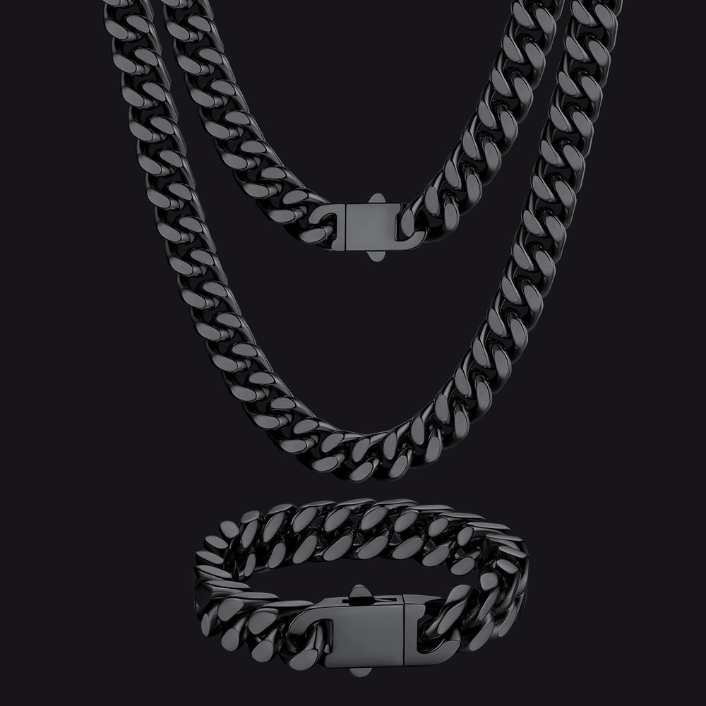 12mm Miami Cuban Chain & Cuban Bracelet Jewelry Set for