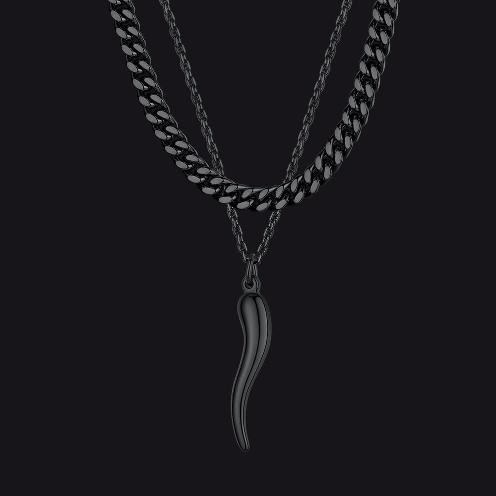 Miami Cuban Chain & Cornicello Italian Horn Pendant Set for