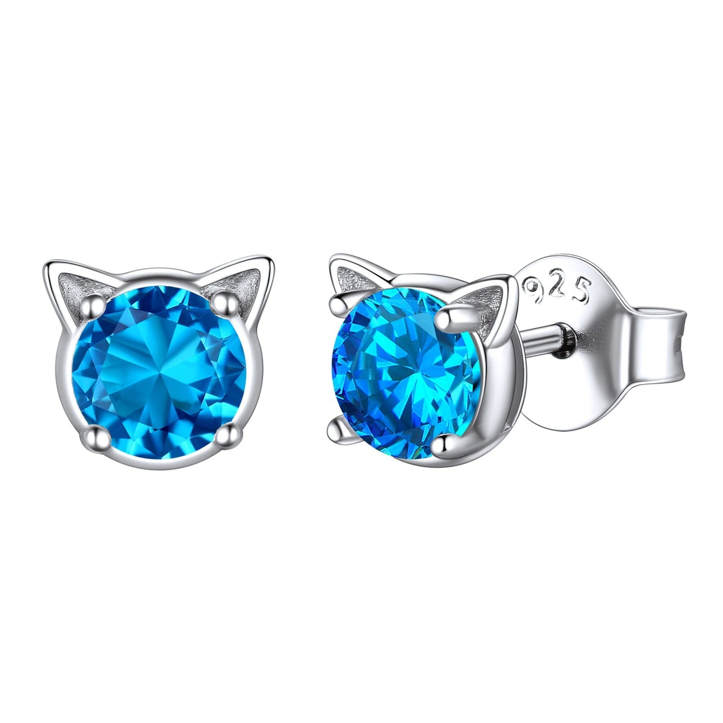 Silver Birthstone Cat Stud Earrings for Cat Lovers