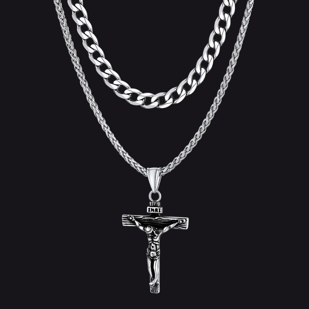 Gift for Jesus Cross & Cuban Chain Layered Necklace Set Birthday Gift