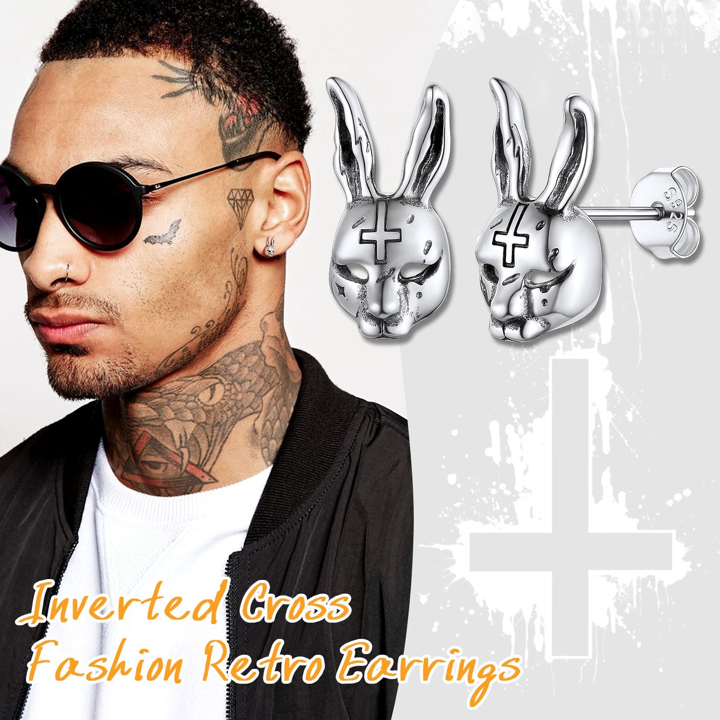 Halloween Silver Evil Bunny Stud Earrings for