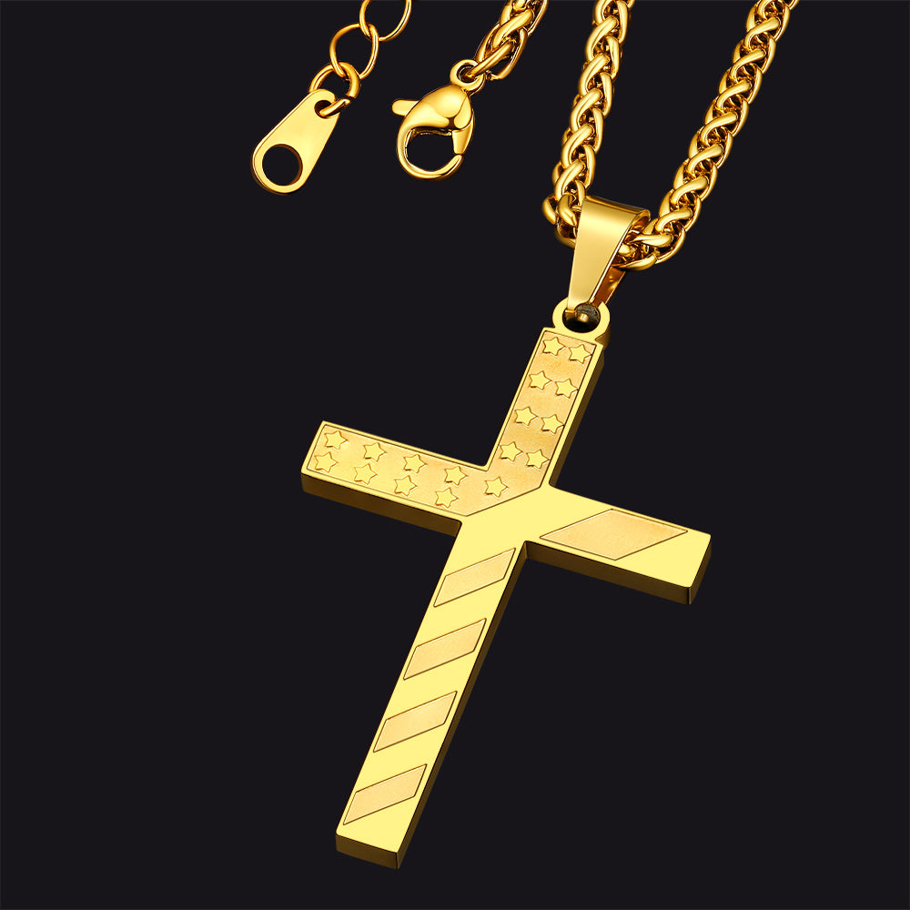 Patriotic American Flag Cross Pendant Necklace for