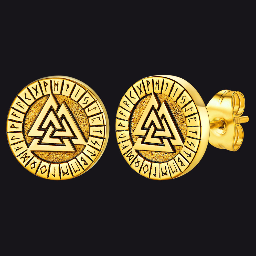 Viking Valknut Black Stud Earrings for With Runes