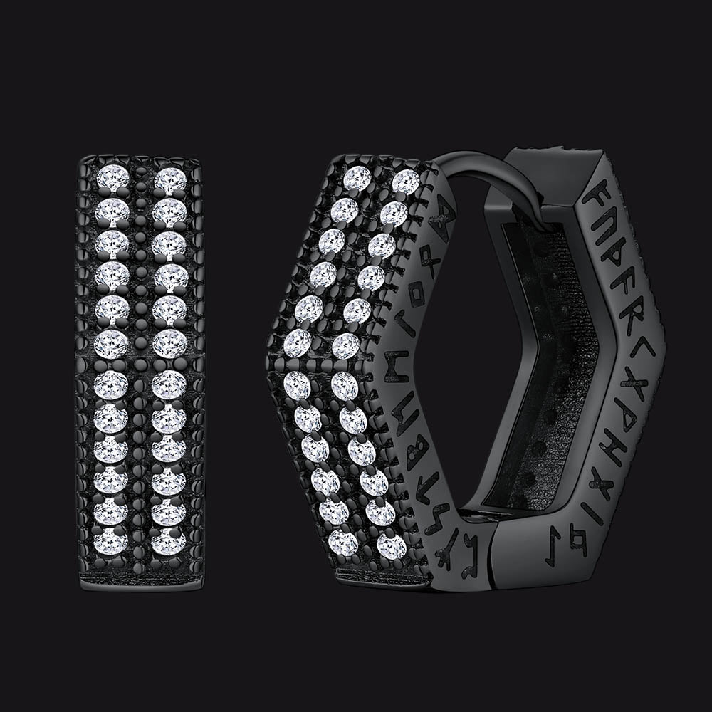 Hexagon Viking Diamond Hoop Earrings With Runes for