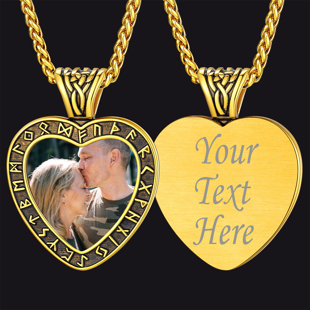 Custom Engraved Photo Heart Necklace With Viking Rune Memorial Gift