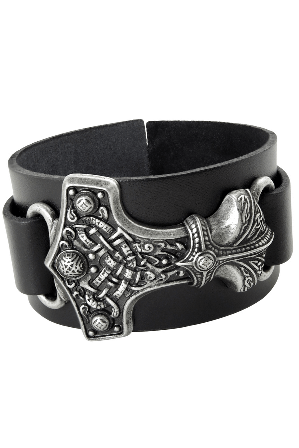 Black Norse Thor Hammer Wide Leather Bracelet