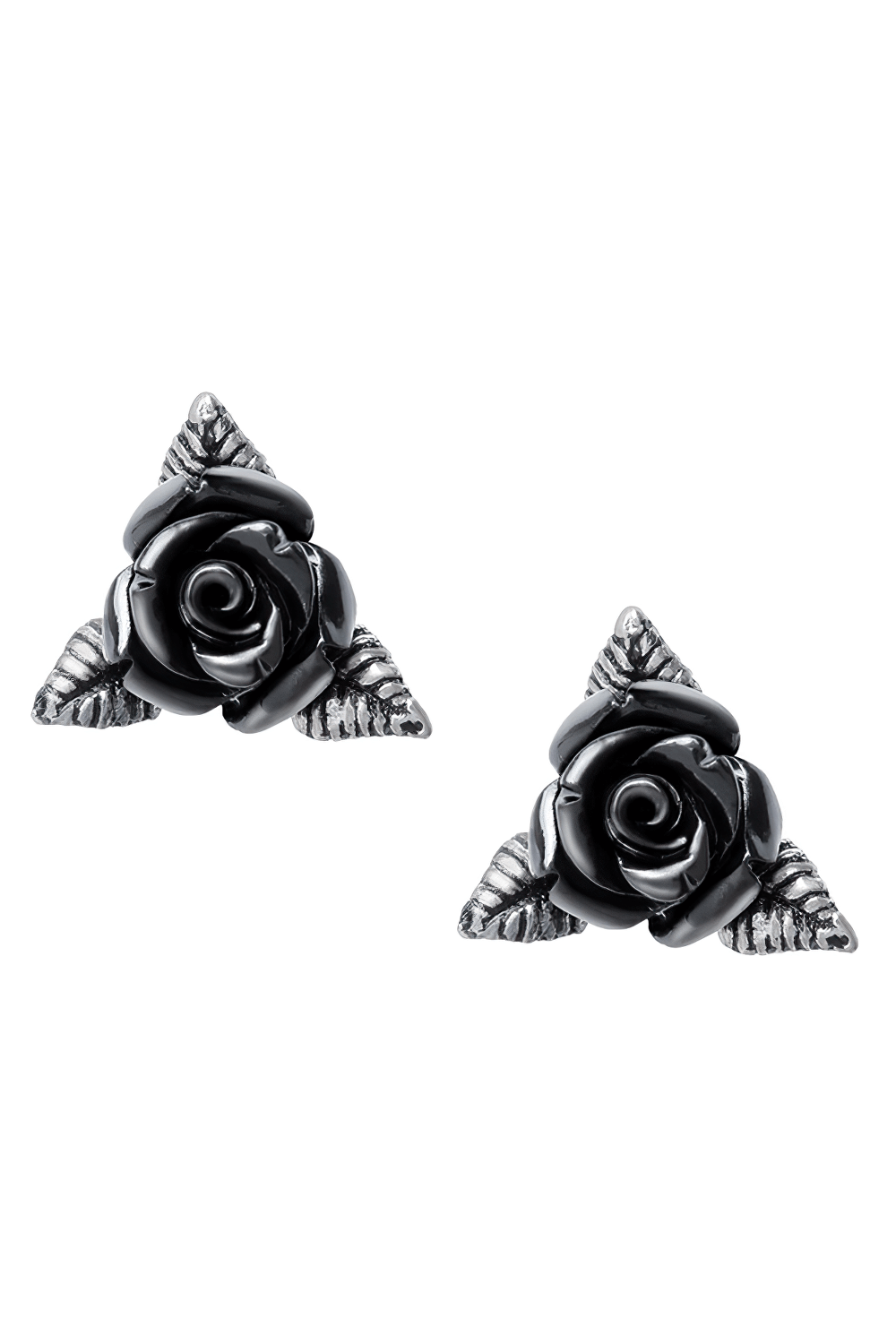 Black Rose Triangular Stud Earrings With Pewter Details