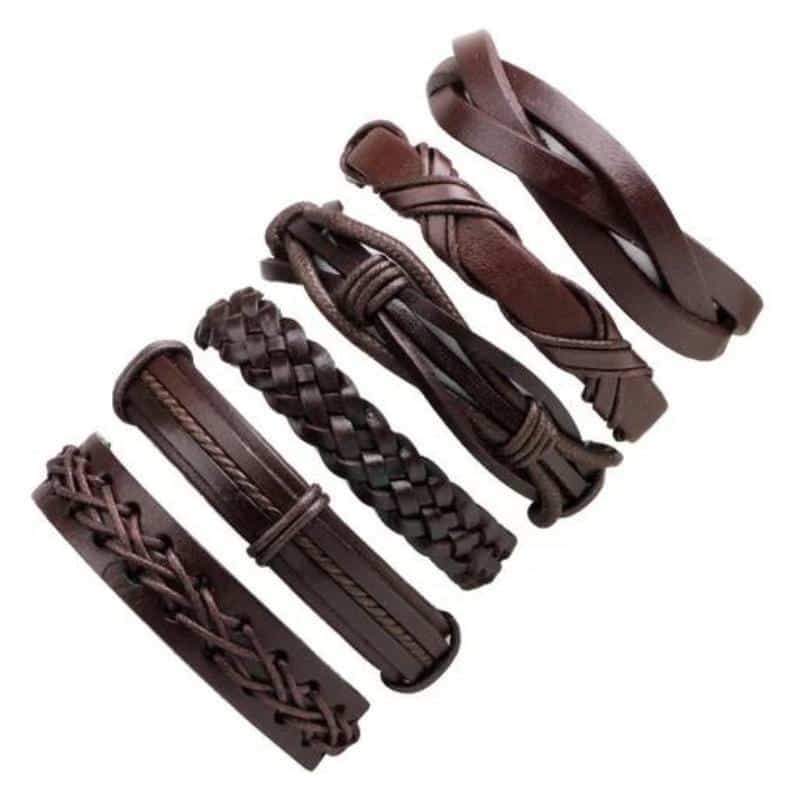 Brown Leather Bracelet in Rock Style & Braided Rope Wristband Set of 6 Pcs