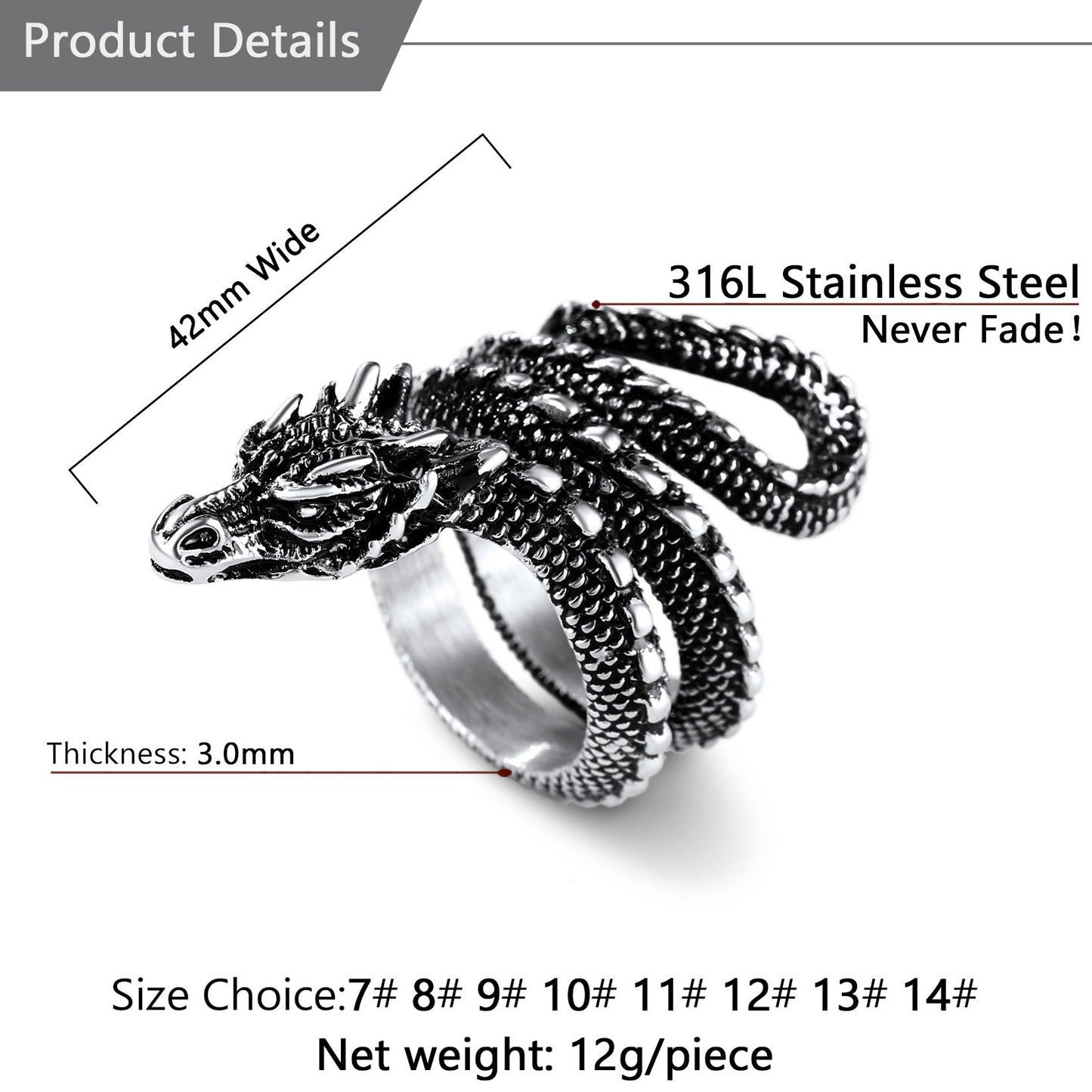 Punk Coiled Dragon Stainless Steel Ring for