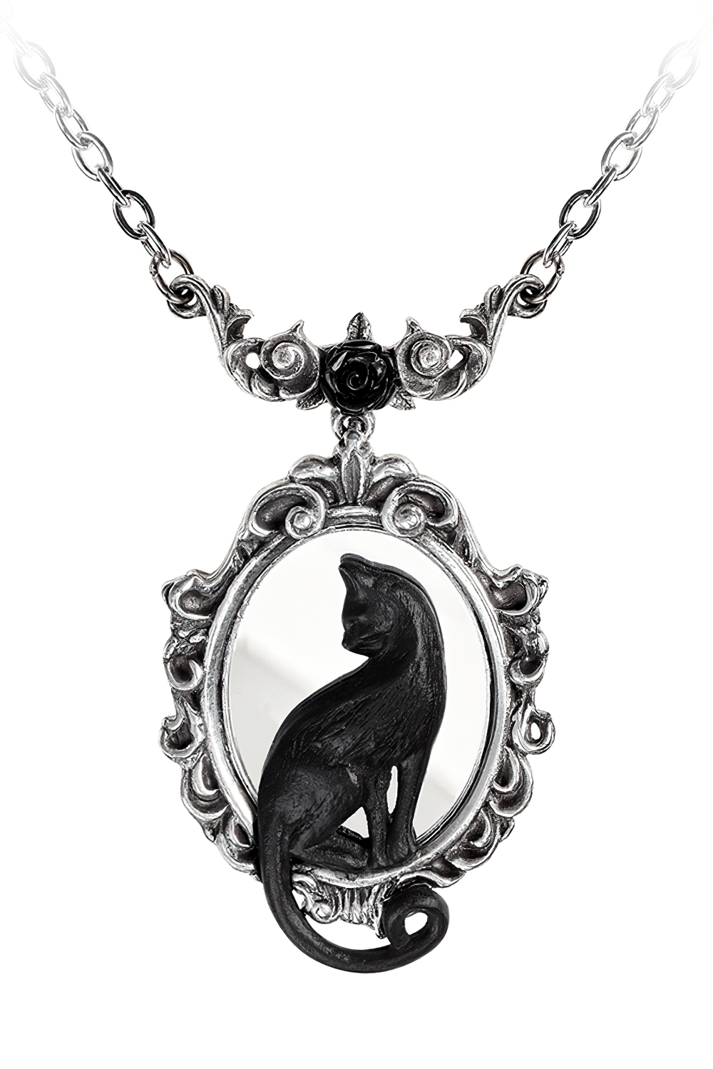 Black Cat Mirror Necklace With Ornate Frame