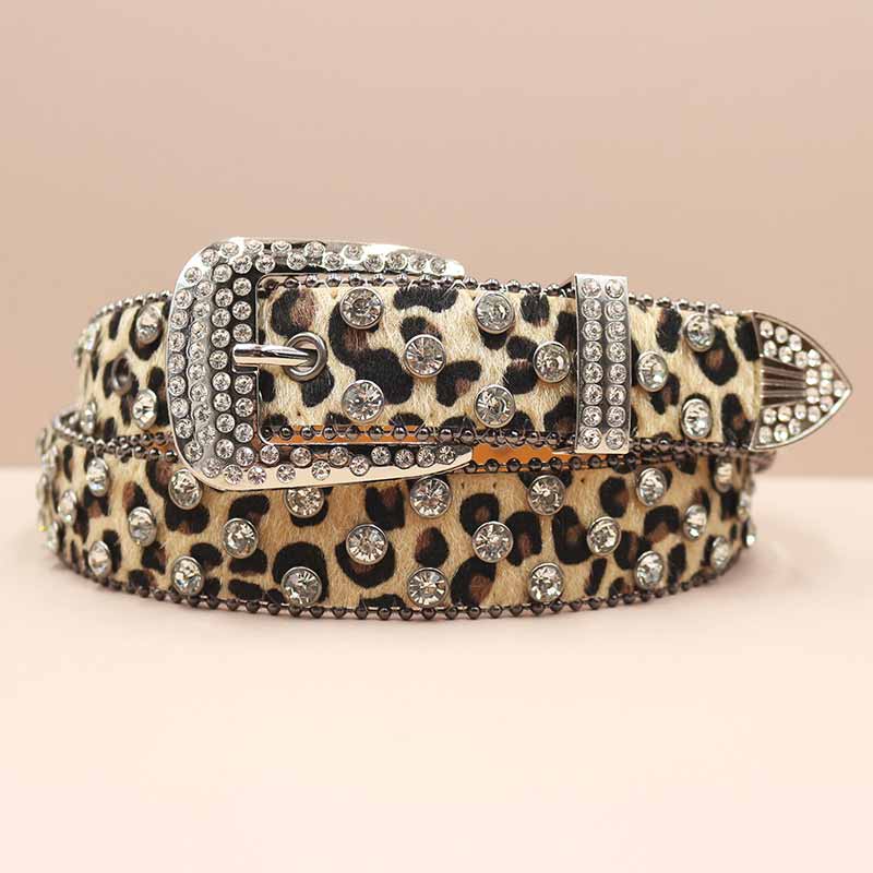 Full Rhinestone Y2k Leopard Print Pu Leather Belt