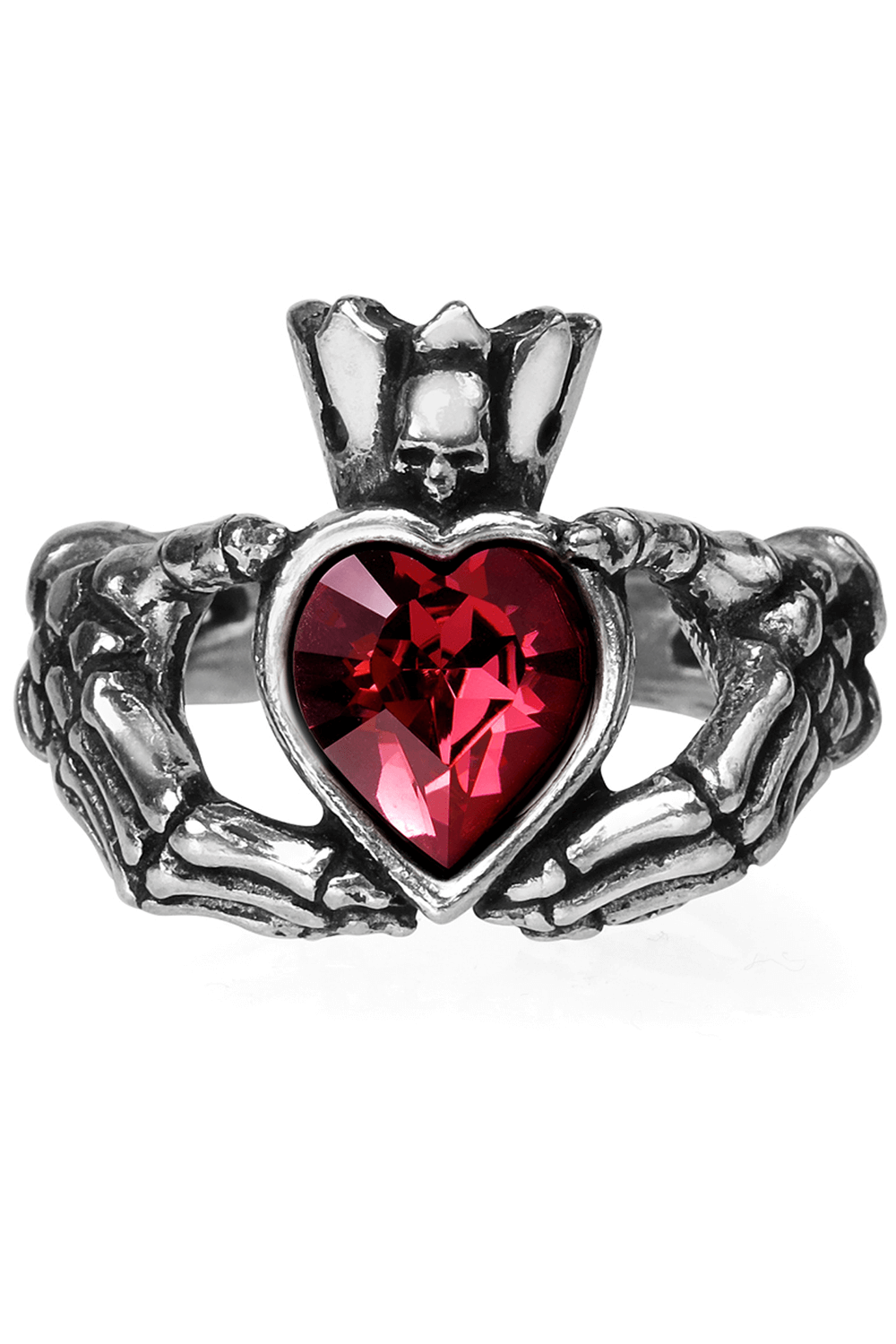 Gothic Claddagh by Night Ring With Red Heart Crystal