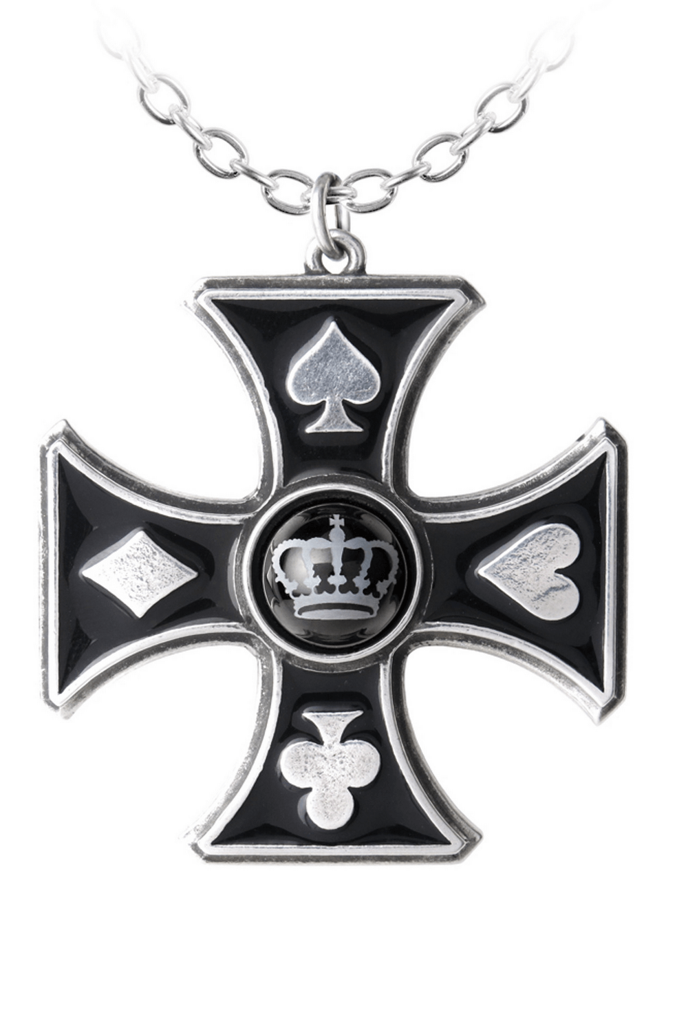 Gothic Cross Pendant With Crown and Card Suit Motifs