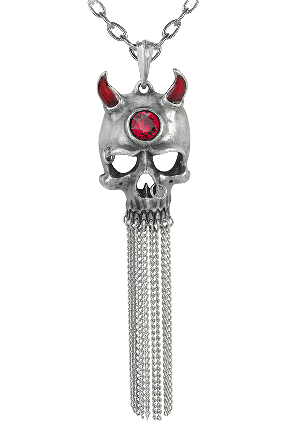 Gothic Devil Skull Pendant With Chains and Red Crystal