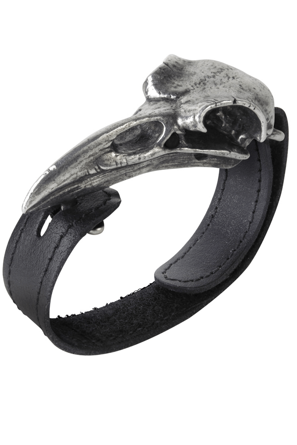 Gothic Leather Bracelet With Pewter Raven Skull