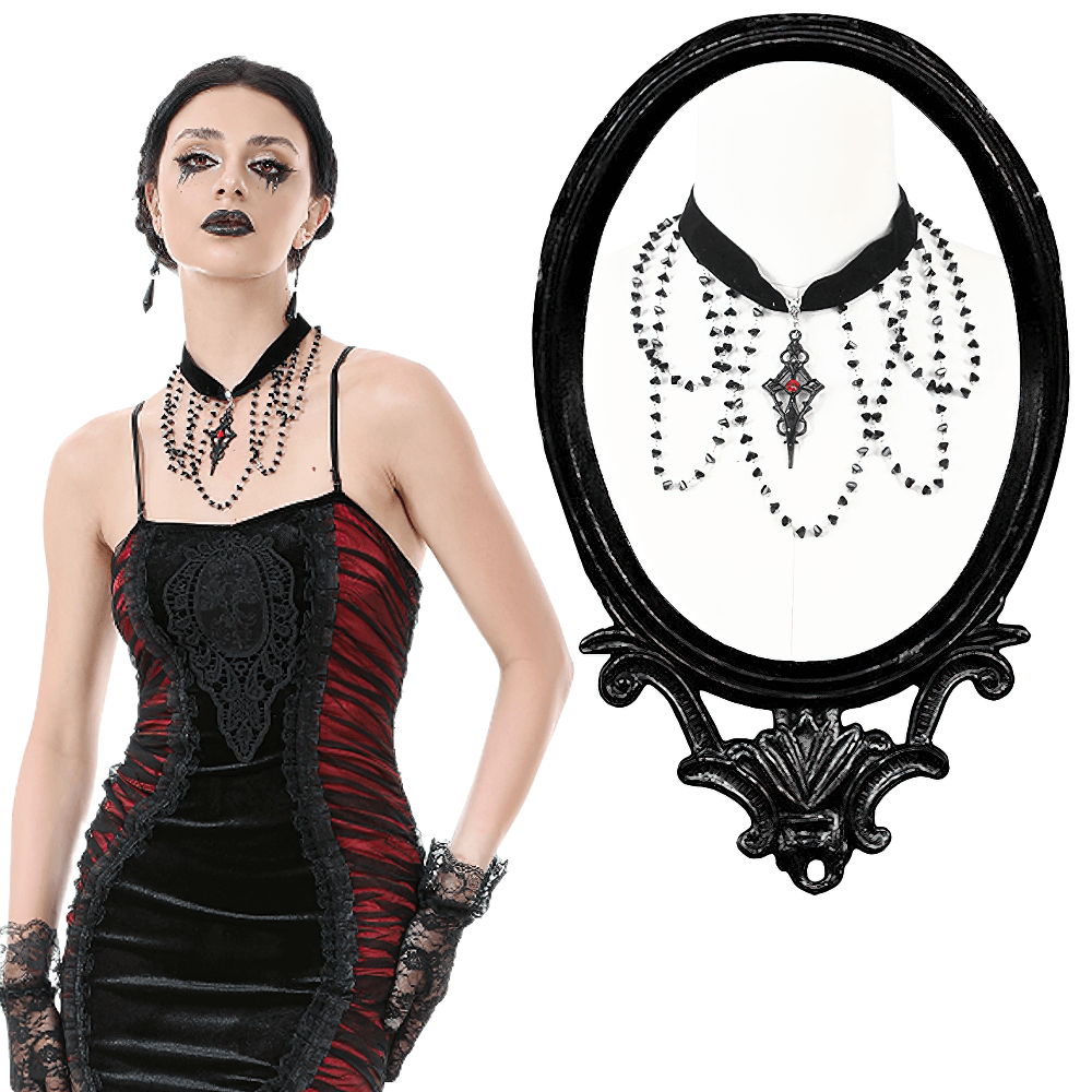 Gothic Velvet Choker and Beaded Cross Pendant Necklace