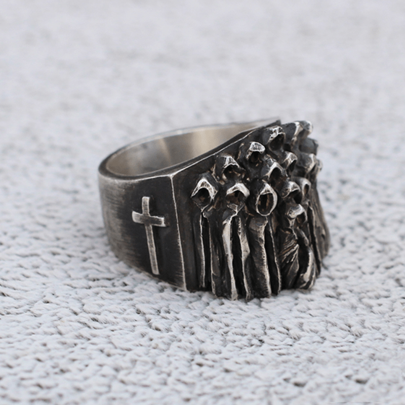 Ruin Cross Brass Sterling Silver Skull Ring