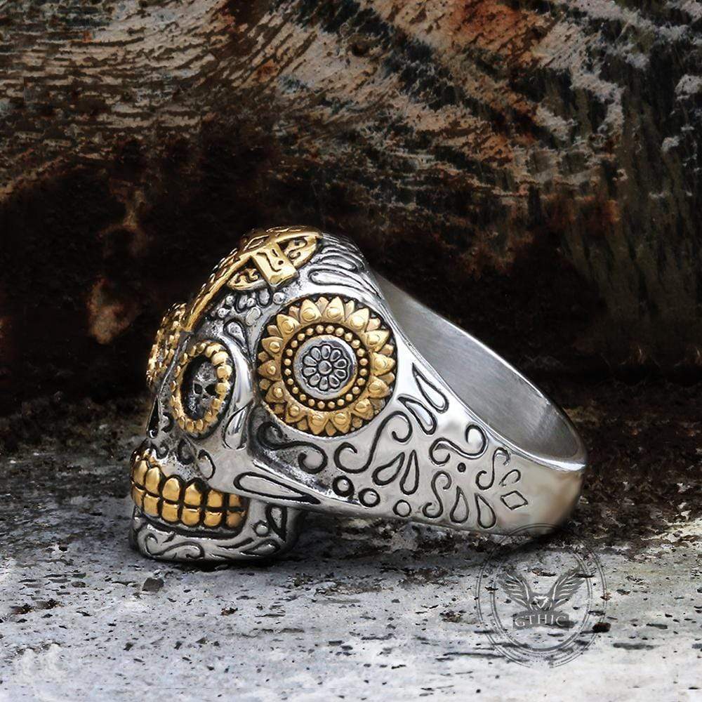 Cross Sugar Skull Ring