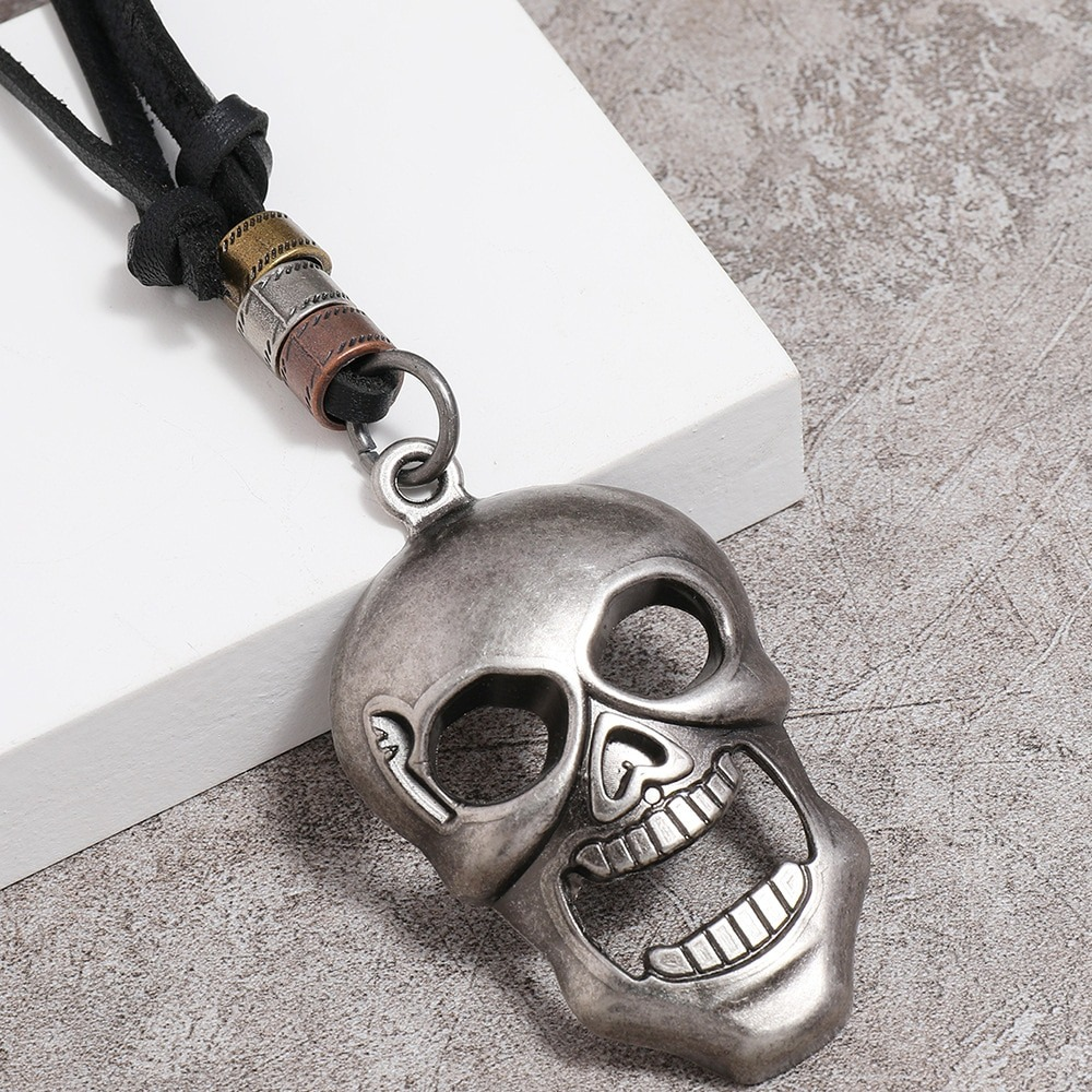 Metal Skull Pendant Necklace for and / Adjustable Genuine Leather Necklaces