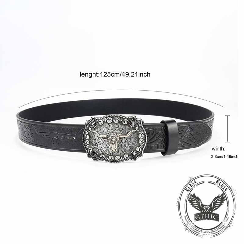 Punk Silver Bull Head Buckle Embossed Pu Leather Belt