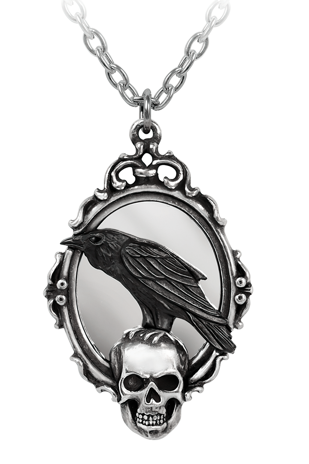 Raven and Skull Pendant With Ornate Mirror Frame