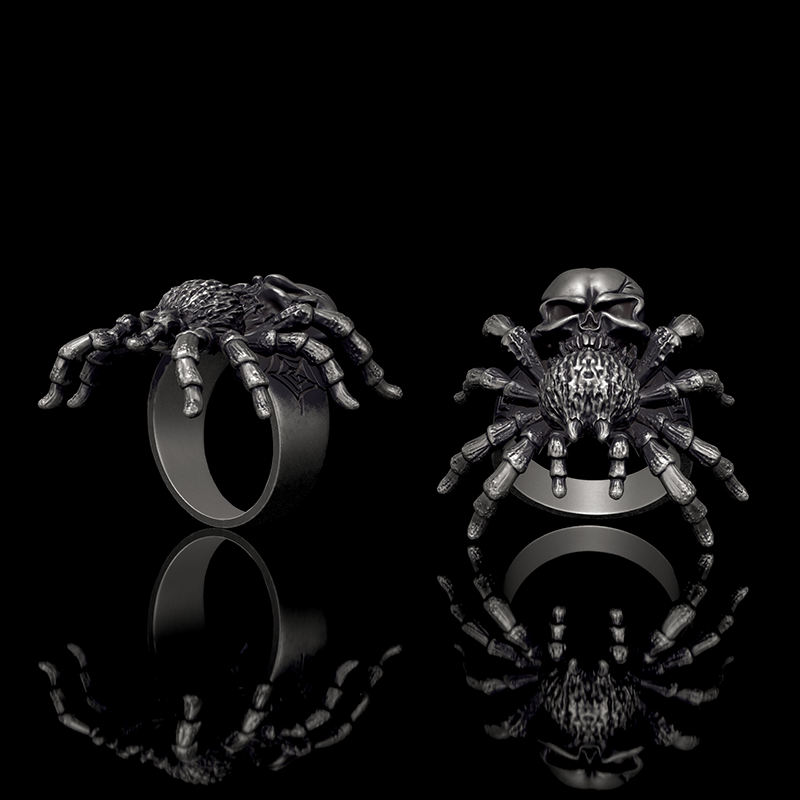 Skull Head Spider Sterling Silver Biker Ring