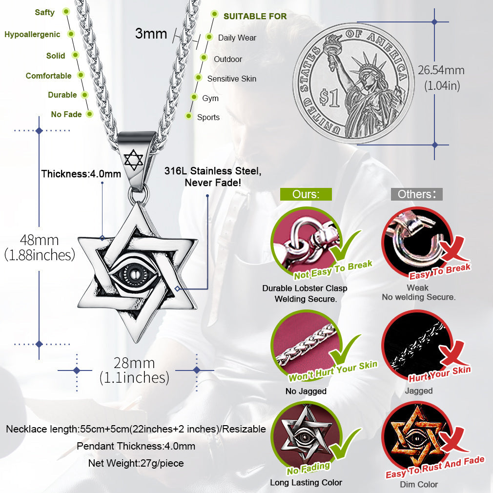 Star of David Necklace Pendant With Eye of God for