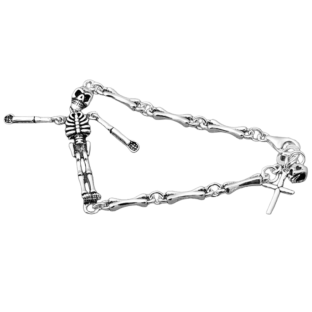 Sterling Silver Skeleton Bracelet / Punk Style Skull Jewelry / Silver Bracelet With Cross