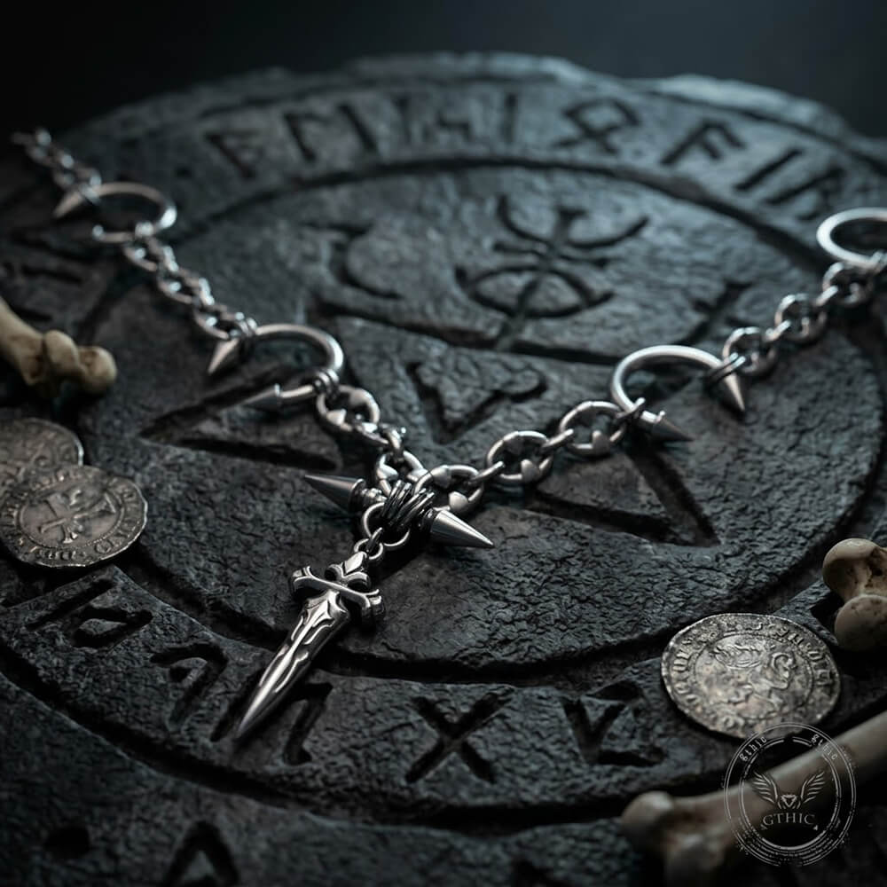 Street Punk Horseshoe Studded Sword Stainless Steel Necklace