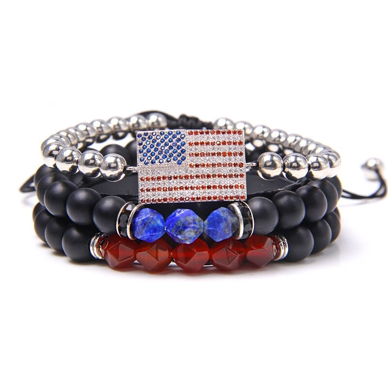 Style Set Multiple Charm Bracelet Natural Stone Beads / Braided Bracelet With Pendant of Flag