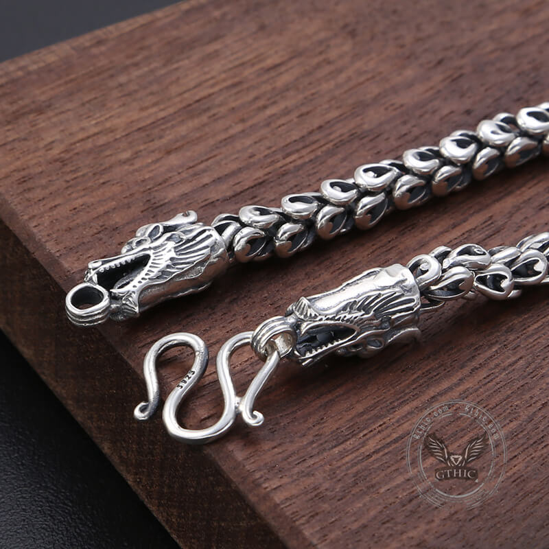 Double Dragon Head Keel Sterling Silver Necklace