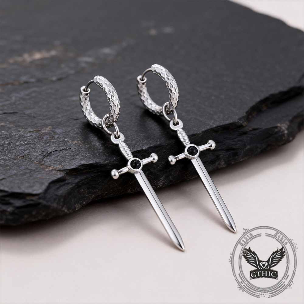 Gemstone Sword Cross Stainless Steel Earrings