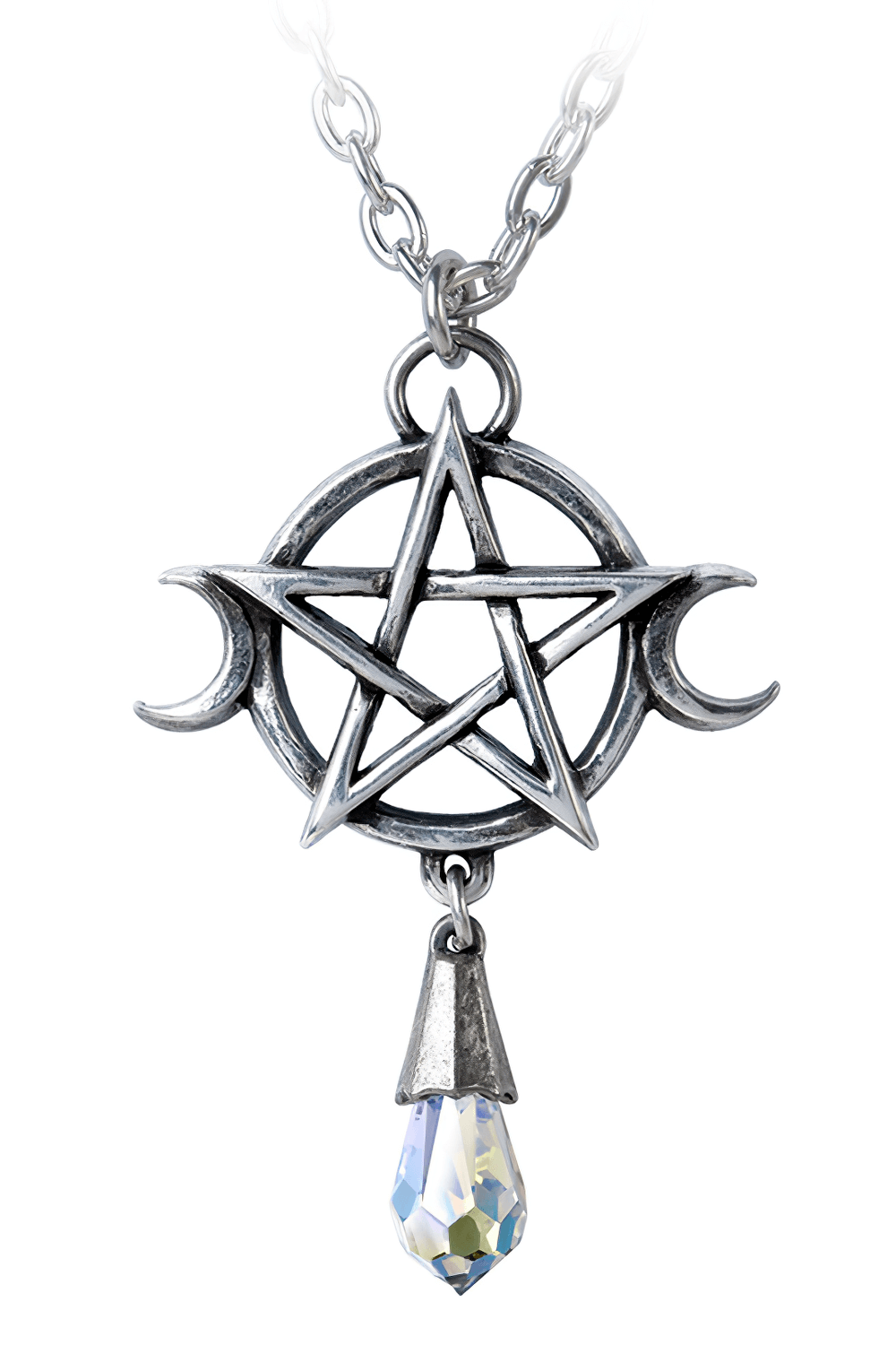 Wiccan Goddess Triple Moon Pendant With Crystal Drop