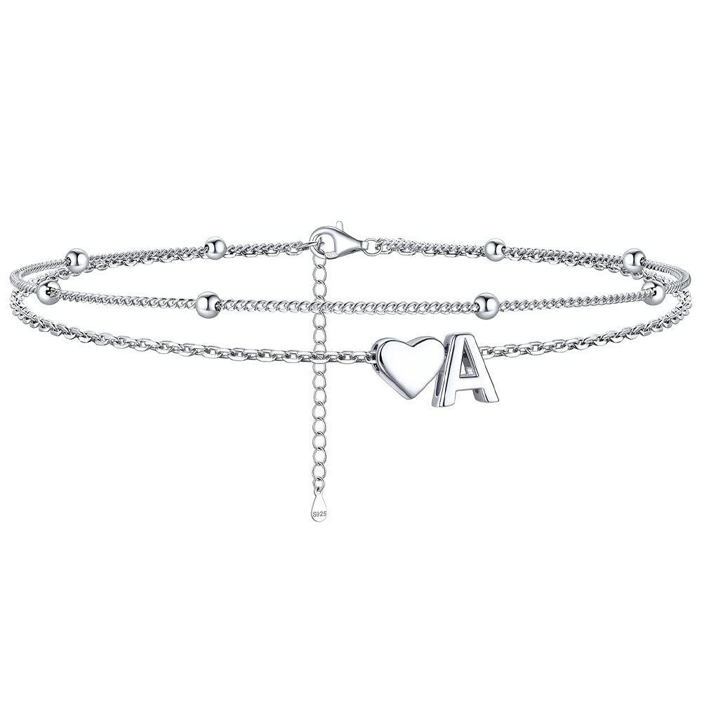 Sterling Silver Initial Heart Layered Anklet for
