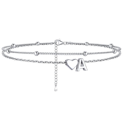 Sterling Silver Initial Heart Layered Anklet for