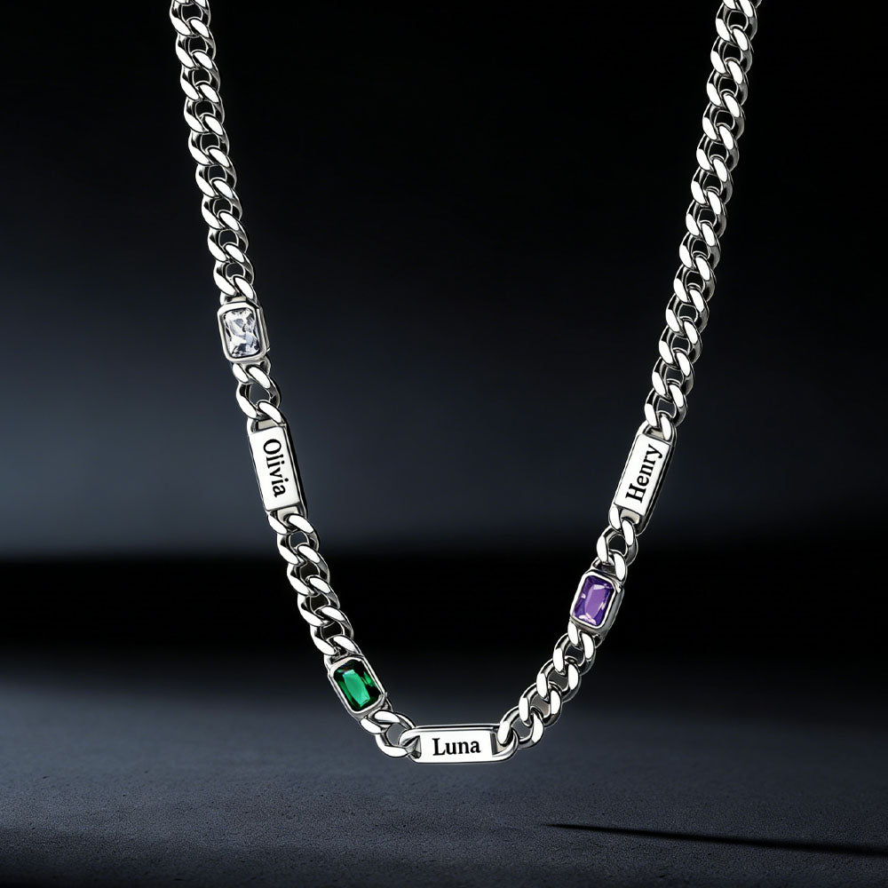Customized Birthstone Cuban Chain Necklace With Name for
