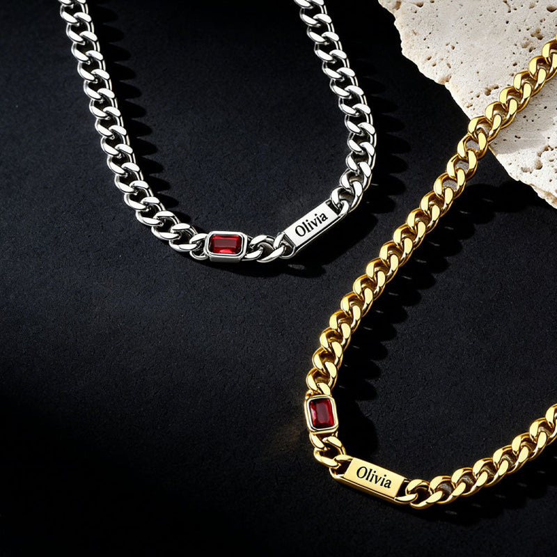 Customized Birthstone Cuban Chain Necklace With Name for