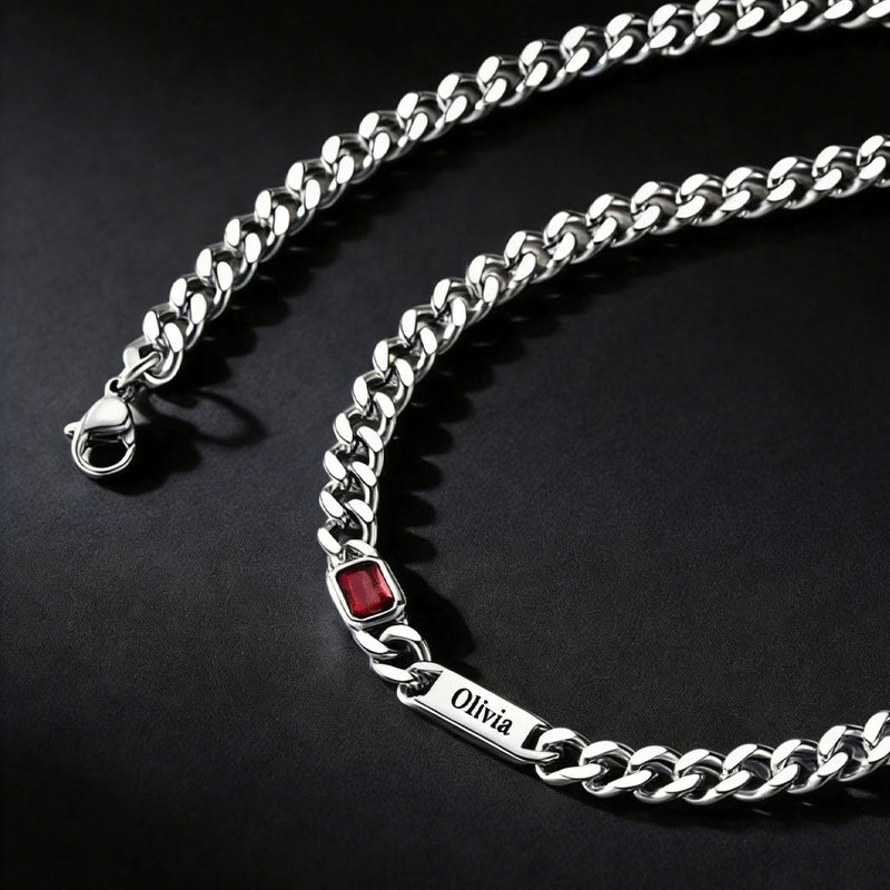Customized Birthstone Cuban Chain Necklace With Name for