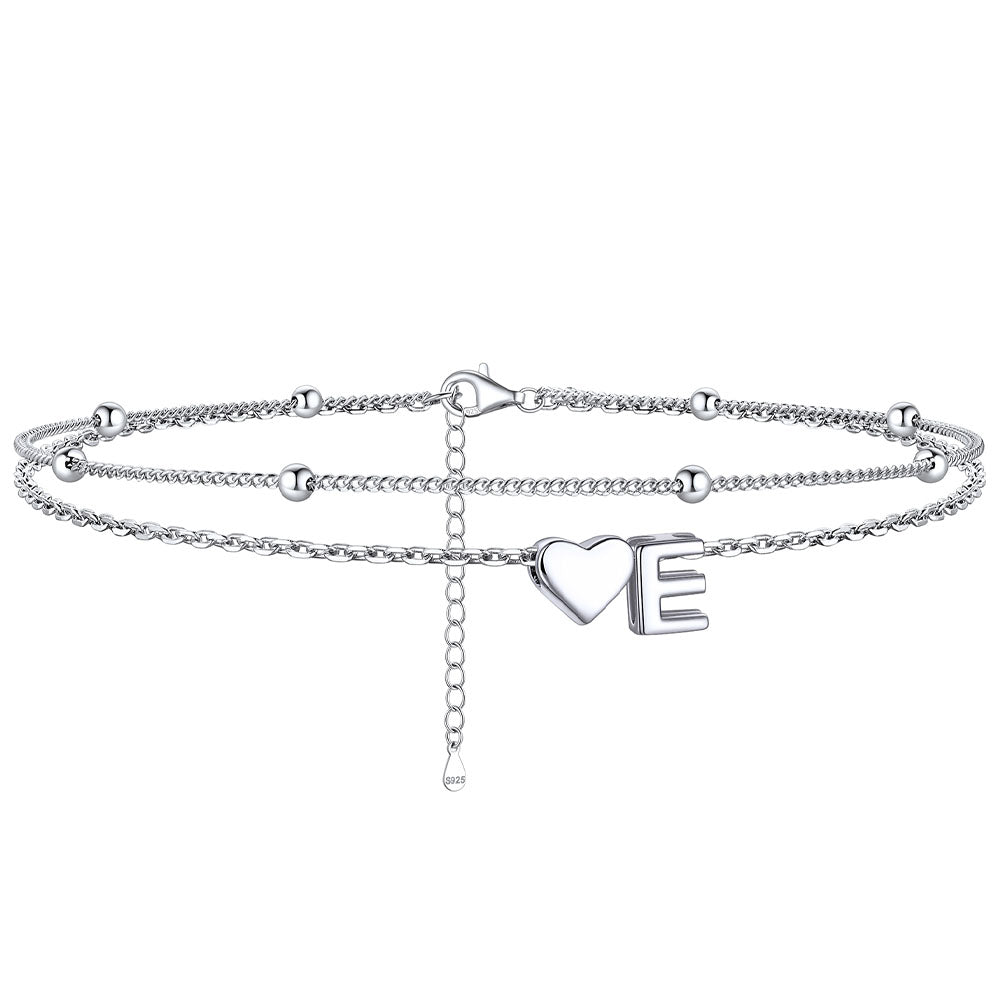 Sterling Silver Initial Heart Layered Anklet for