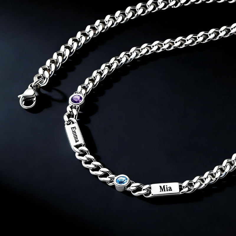 Customized Engraved Name Birthstone Cuban Chain Necklace for