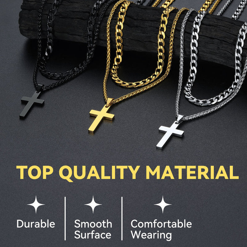 Gift for Cuban Chain & Cross Pendant Layered Necklace Set Birthday Gift