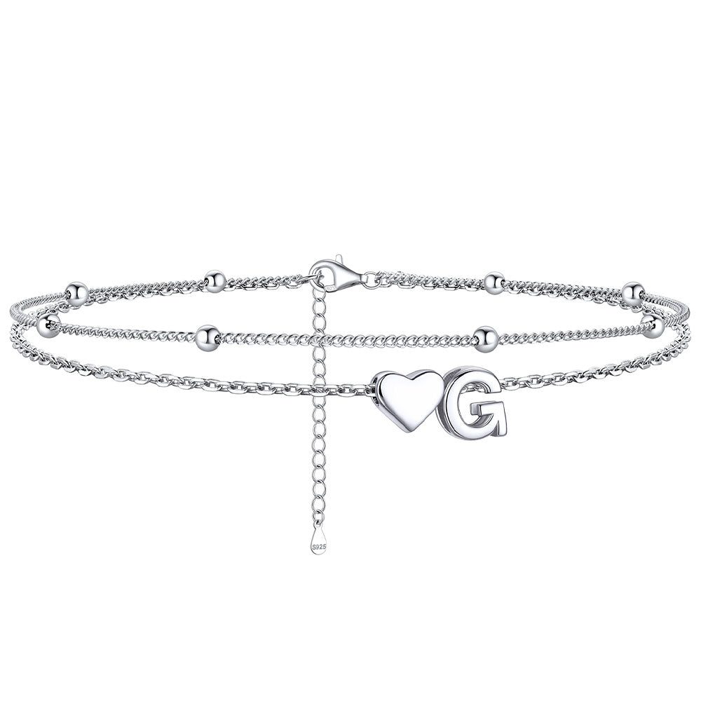 Sterling Silver Initial Heart Layered Anklet for