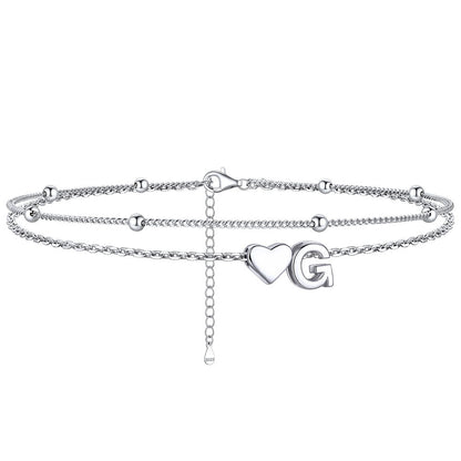 Sterling Silver Initial Heart Layered Anklet for