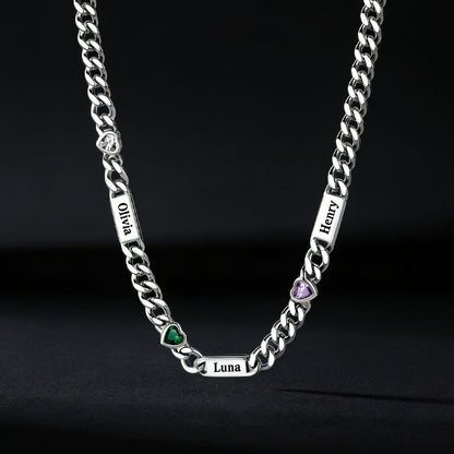 Personalized Name Cuban Chain Necklace With Heart Birthstone for Mom