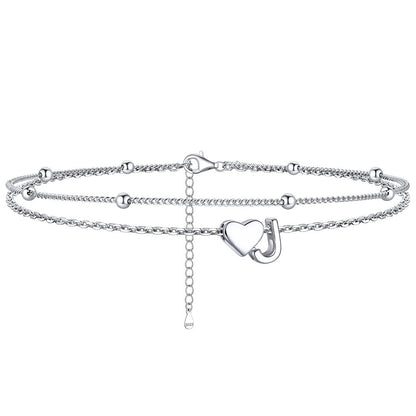 Sterling Silver Initial Heart Layered Anklet for