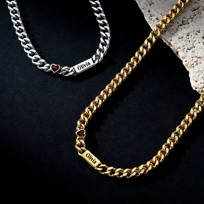 Personalized Name Cuban Chain Necklace With Heart Birthstone for Mom