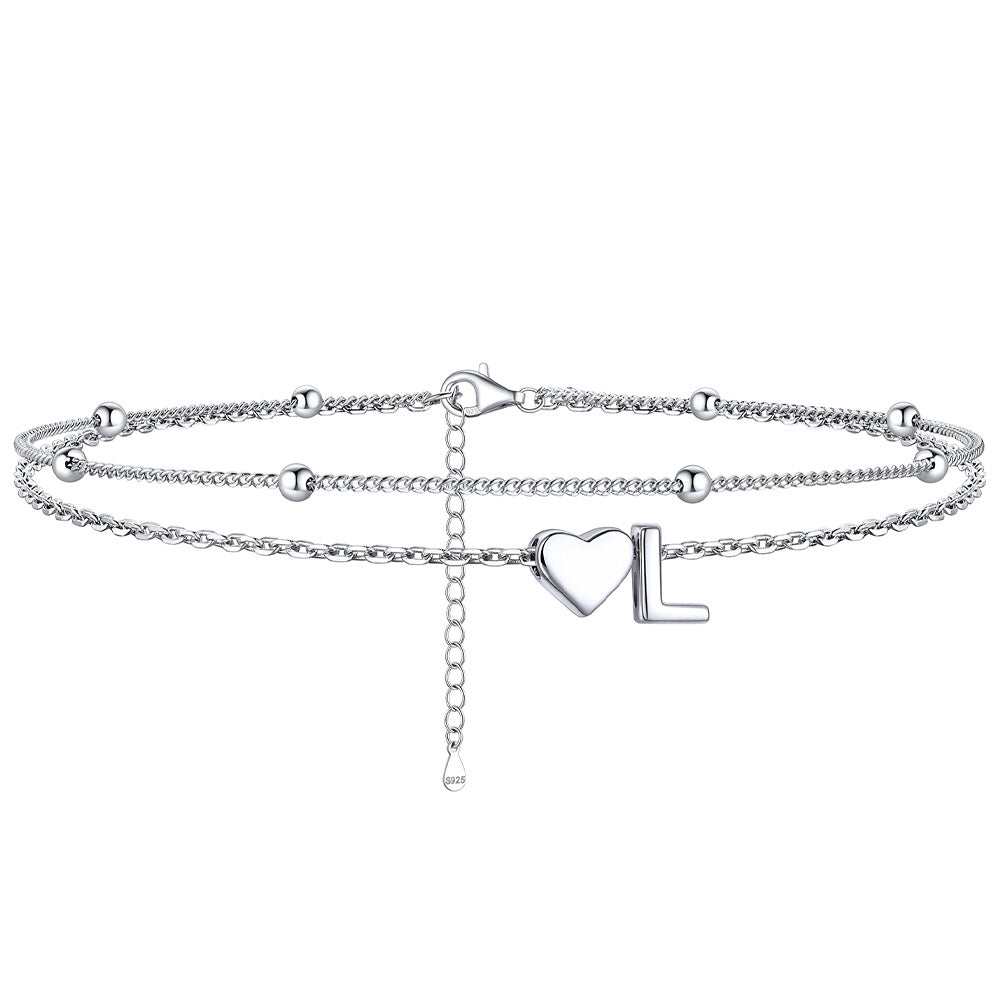 Sterling Silver Initial Heart Layered Anklet for