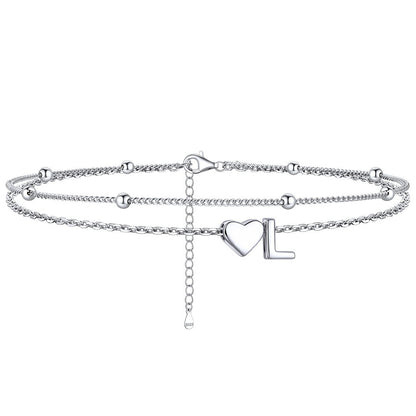 Sterling Silver Initial Heart Layered Anklet for